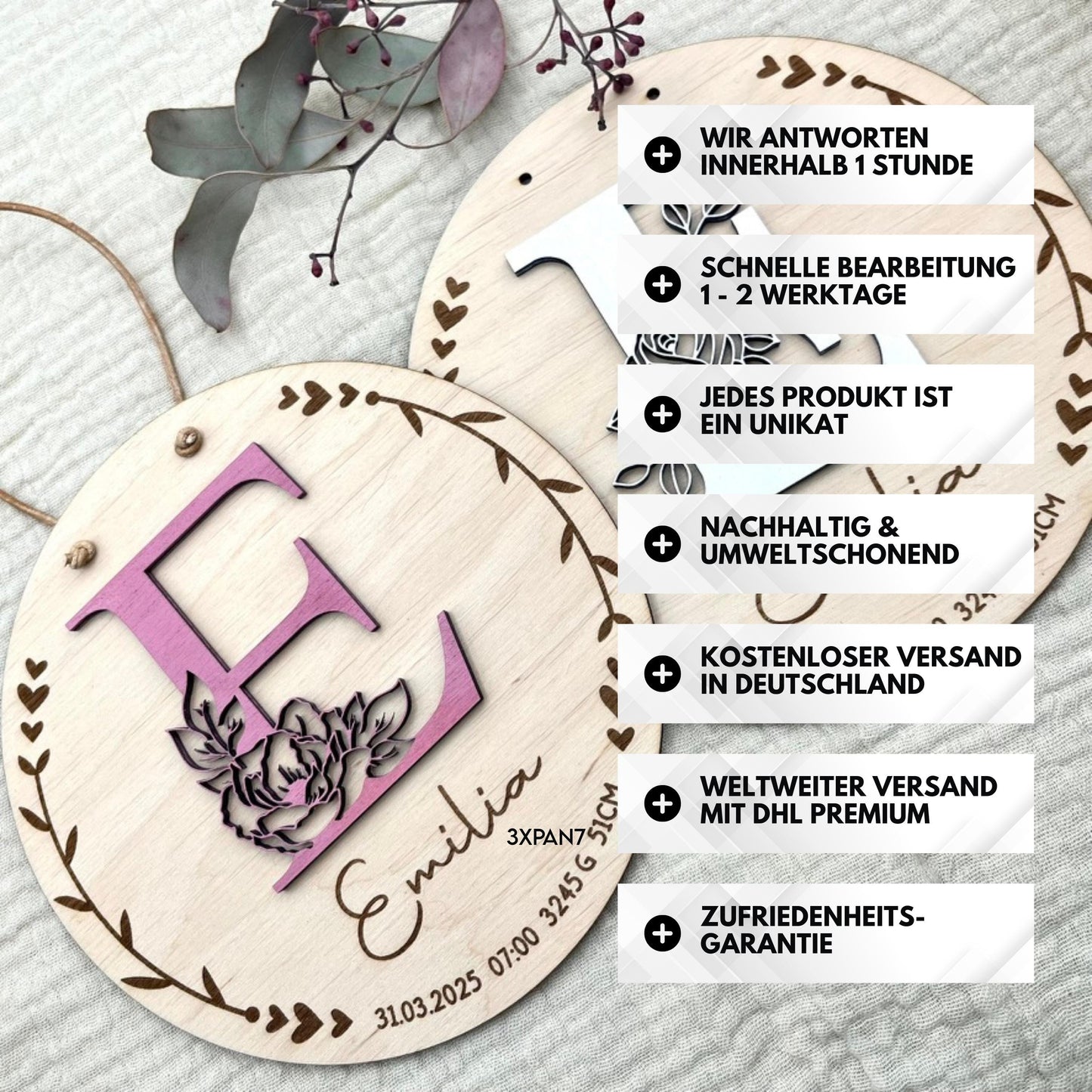 Geburtsschild Namensschild Baby personalisiertes Holzschild mit Name und Geburtsdaten, Taufgeschenk, Babyzimmer Geschenk