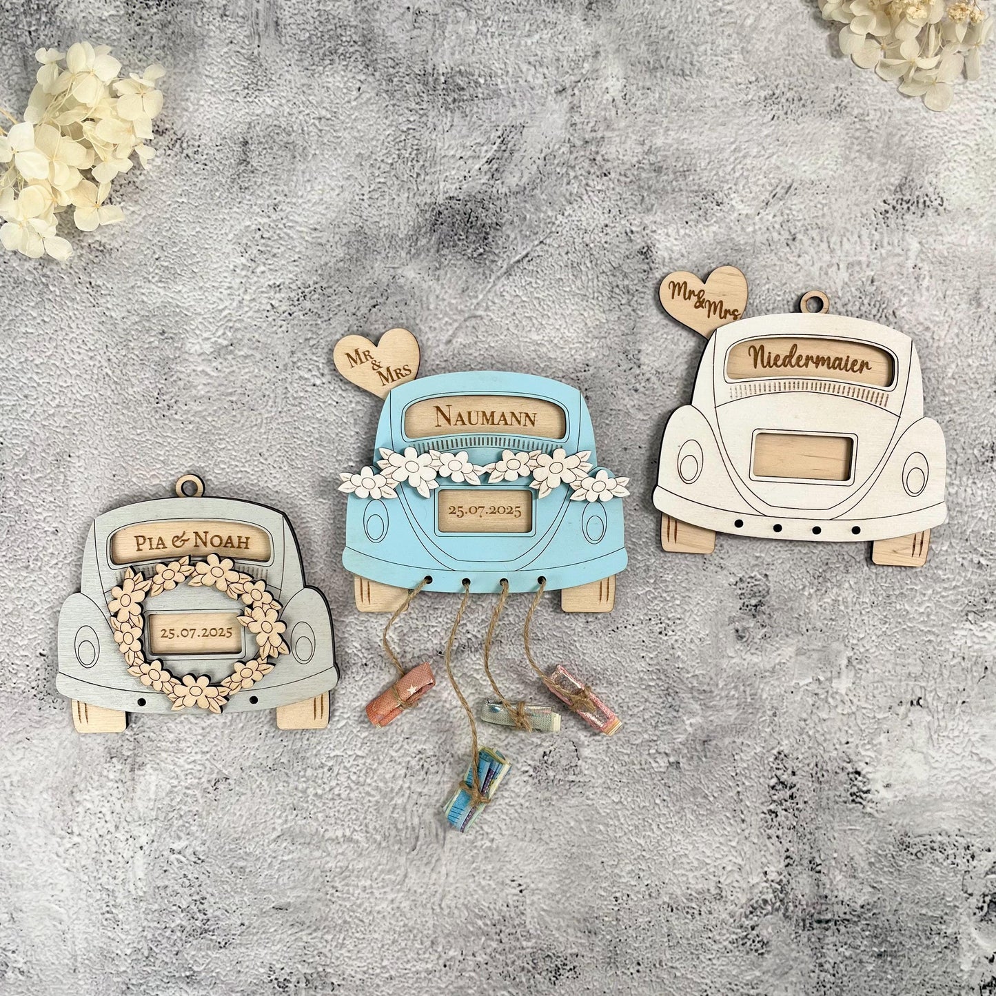 Hochzeitsauto Geldgeschenk aus Holz – personalisiertes Hochzeitsgeschenk mit Namen & Datum