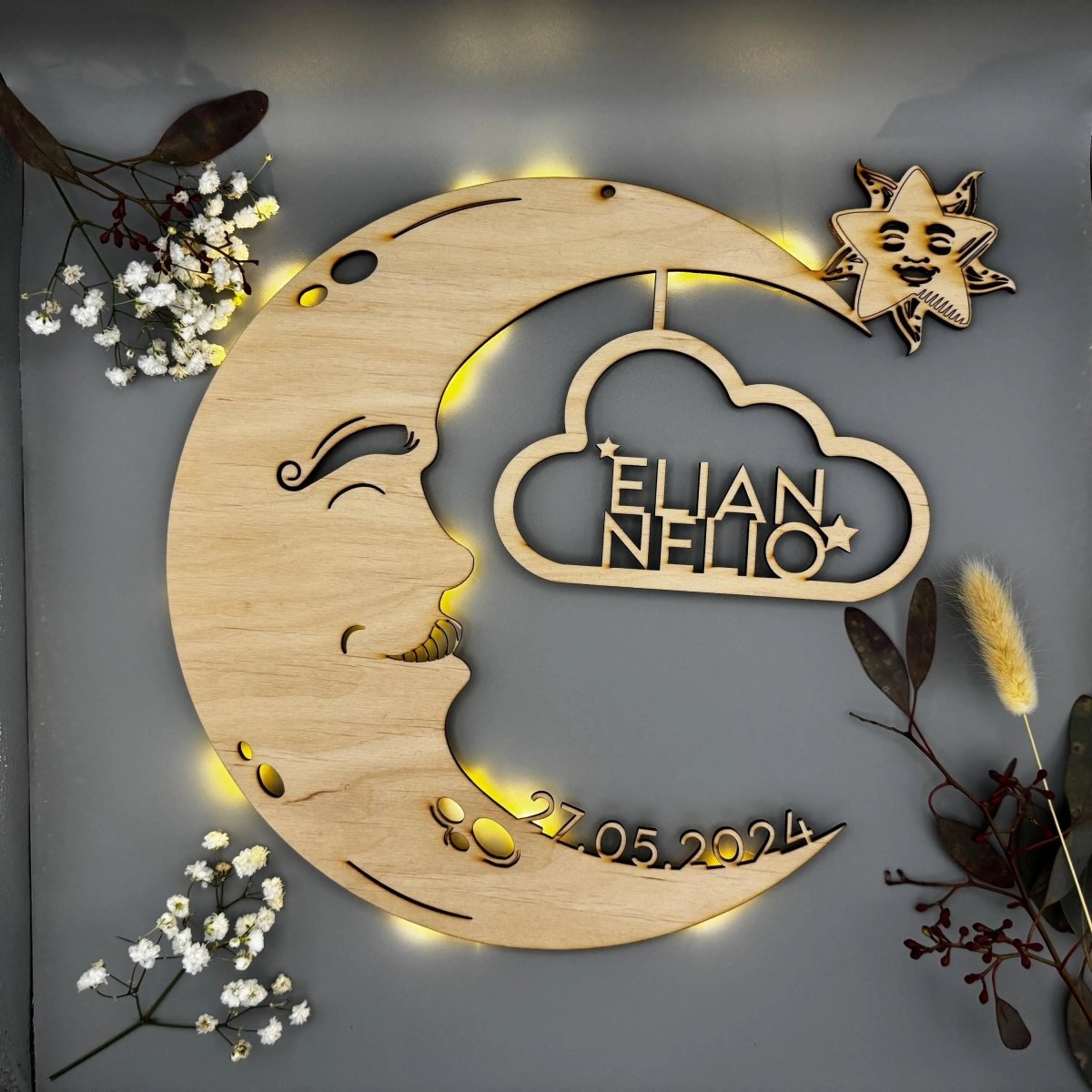 Personalisiertes Schlummerlicht aus Holz personalisiert | Mond - Design verschiedene Farben - LaserArt Germany