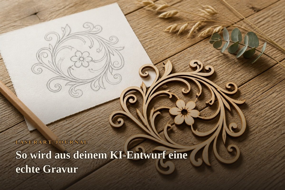 Vom KI-Entwurf zur echten Lasergravur: Skizze und fertiges Holz-Motiv - LaserArt Germany