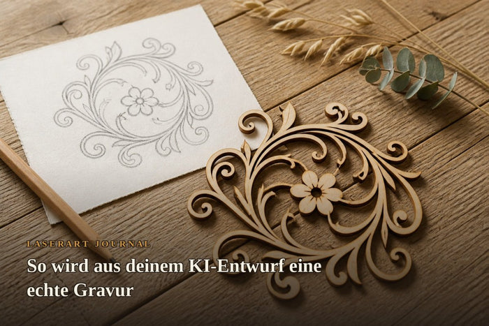 Vom KI-Entwurf zur echten Lasergravur: Skizze und fertiges Holz-Motiv - LaserArt Germany