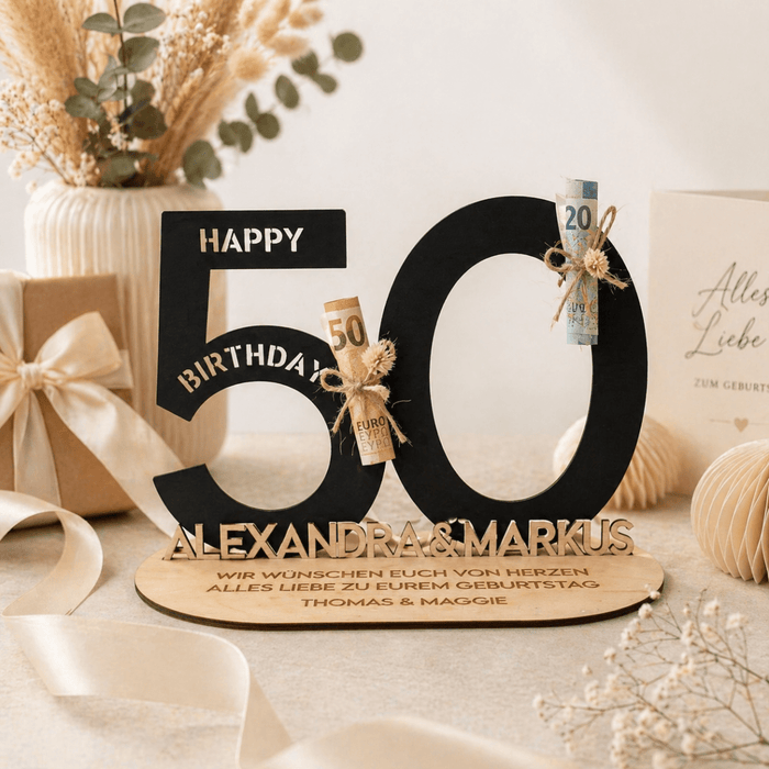 Geldgeschenk Aufsteller aus Holz, personalisiert zum Geburtstag