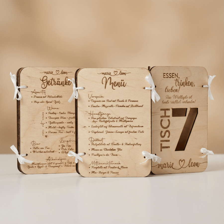 Menükarte Hochzeit aus Holz: Wann sich ein 3in1-Konzept wirklich lohnt - LaserArt Germany