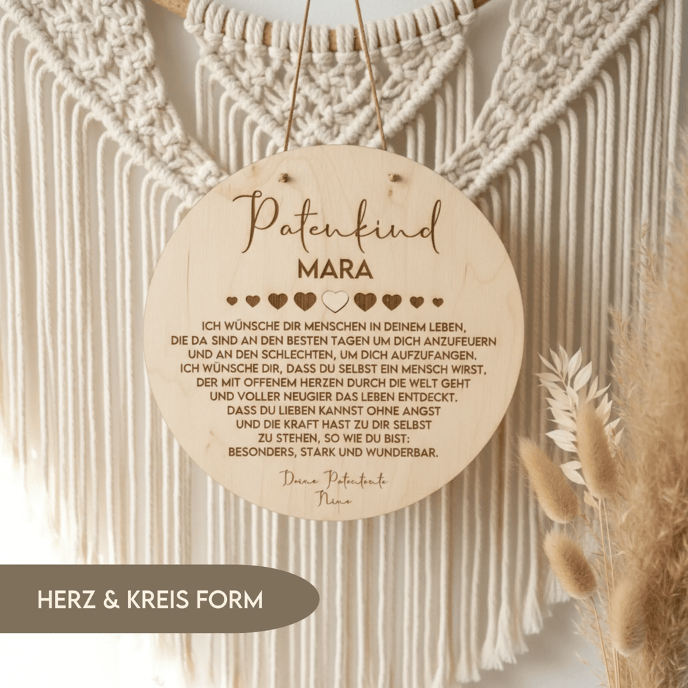 Taufgeschenk Patenkind aus Holz in Herz- und Rundform