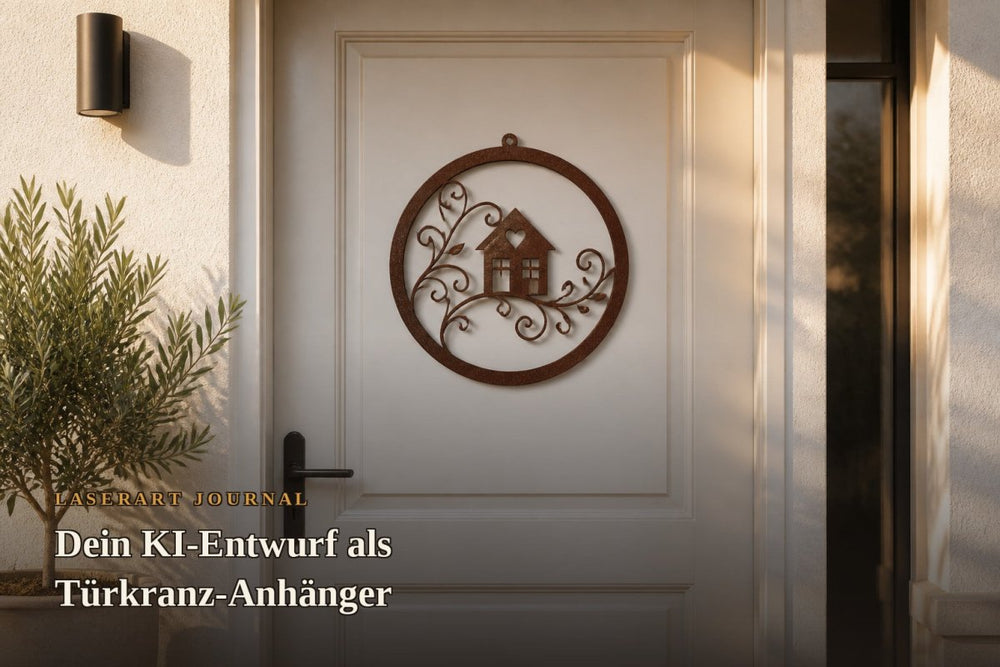 Türkranz mit eigenem KI-Motiv: Haus-Anhänger aus Holz an einer Haustür - LaserArt Germany