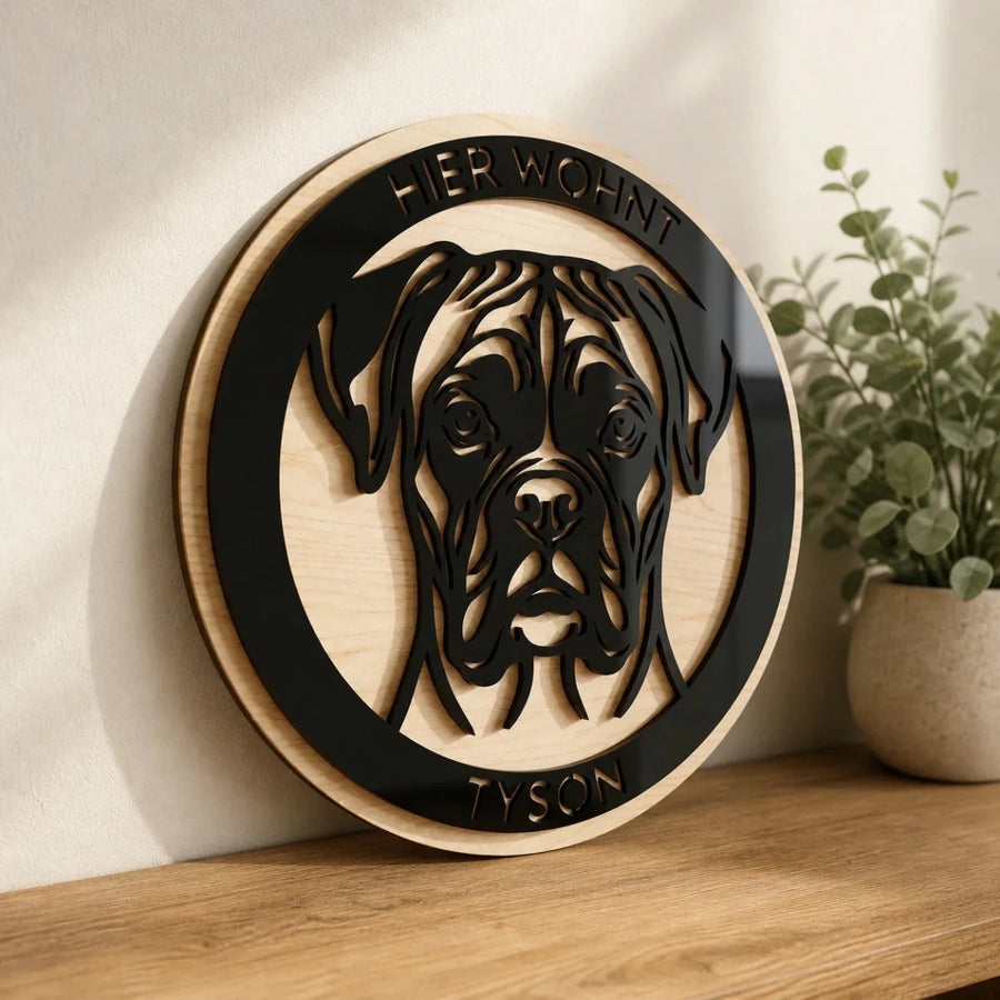 Rundes Hundeschild aus Holz und schwarzem Acryl mit Porträt der Rasse und Name des Hundes