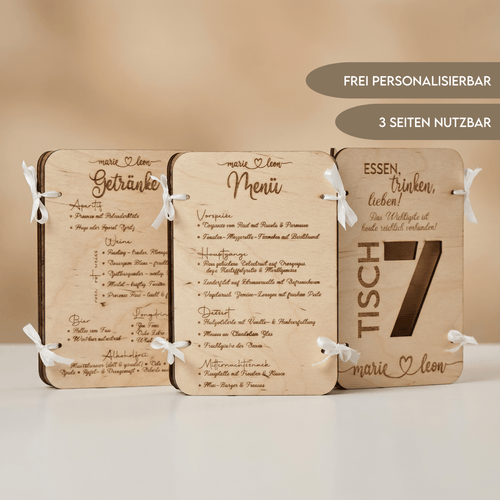 3in1 Holz Menükarte | Getränkekarte | Tischnummer | Sitzplan | Essenskarte - LaserArt Germany