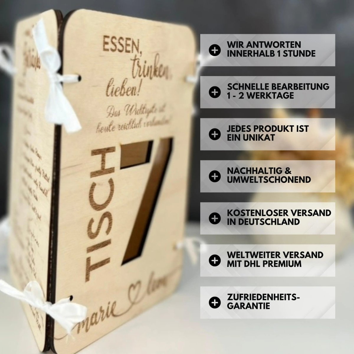 3in1 Holz Menükarte | Getränkekarte | Tischnummer | Sitzplan | Essenskarte - LaserArt Germany