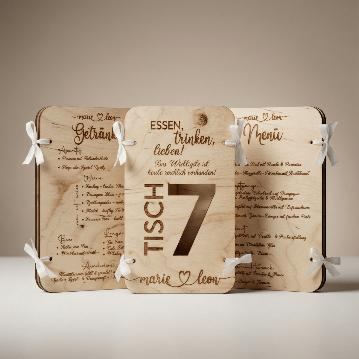 3in1 Holz Menükarte | Getränkekarte | Tischnummer | Sitzplan | Essenskarte - LaserArt Germany