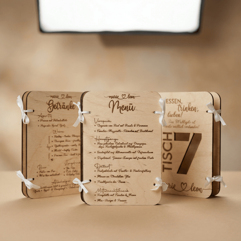 3in1 Holz Menükarte | Getränkekarte | Tischnummer | Sitzplan | Essenskarte - LaserArt Germany