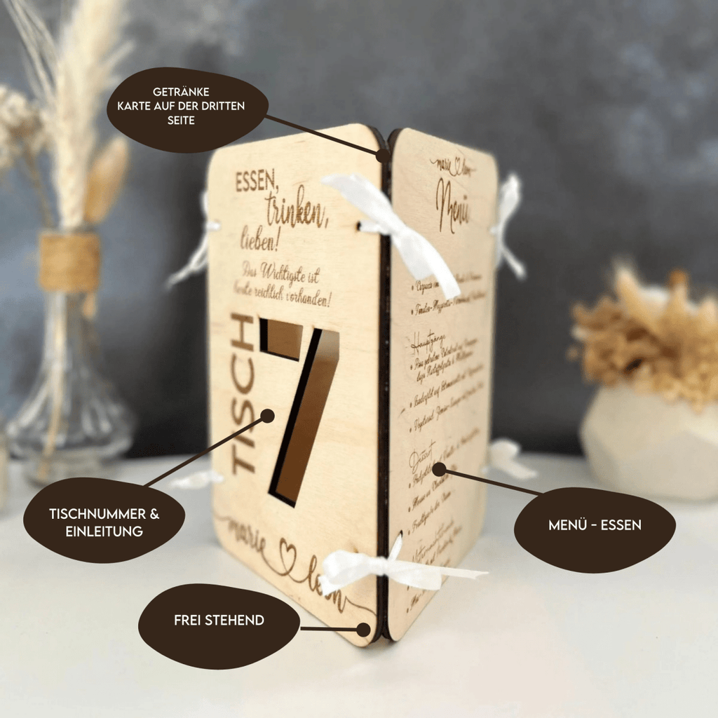3in1 Holz Menükarte | Getränkekarte | Tischnummer | Sitzplan | Essenskarte - LaserArt Germany