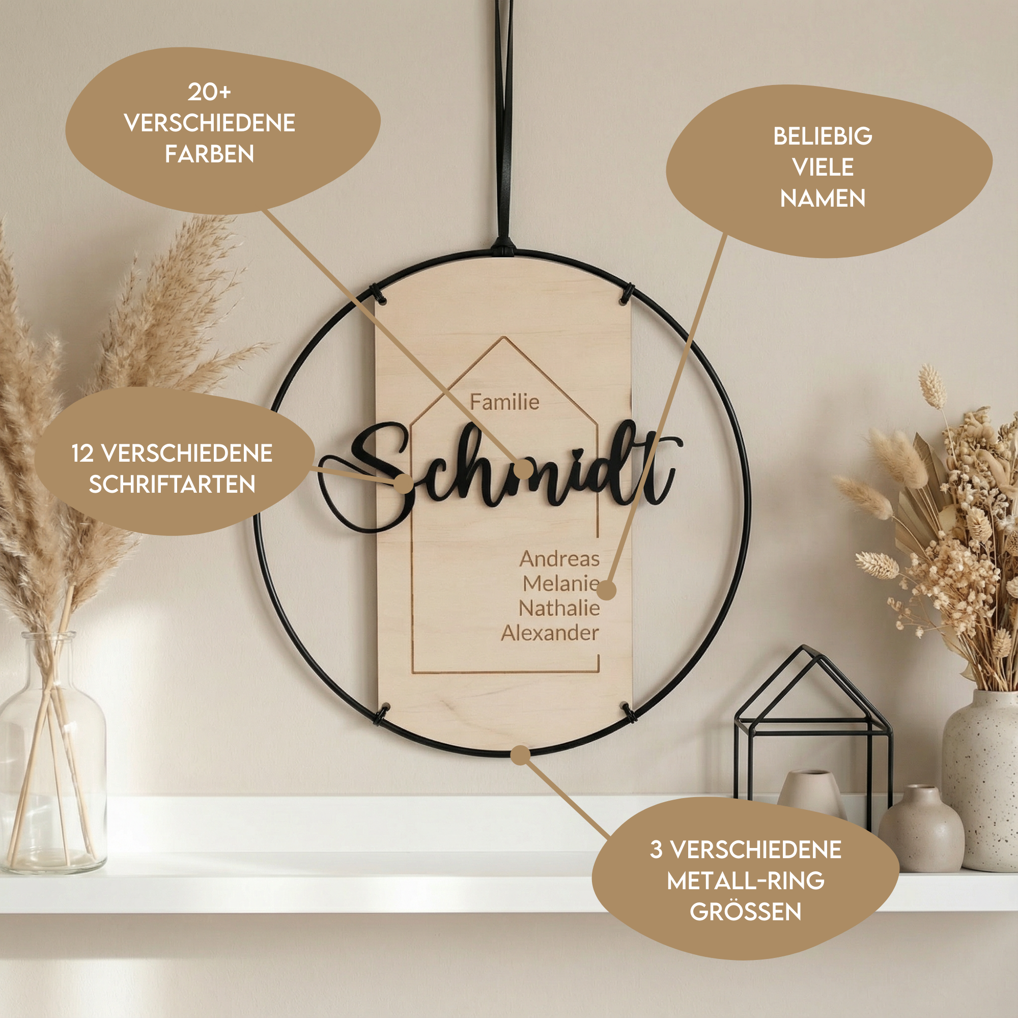 Familienschild personalisiert aus Holz und Metall | Türschild Familie