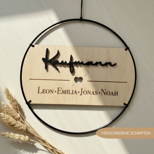 Familienschild personalisiert aus Holz und Metall | Türkranz Familienschild