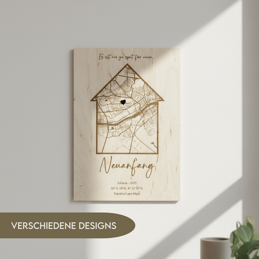 Personalized wooden coordinate map – Gift for moving in, house construction &amp; topping-out ceremony