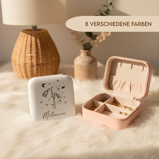Personalisierte Schmuckbox mit Gravur – Sternzeichen, Geburtsblume & Name