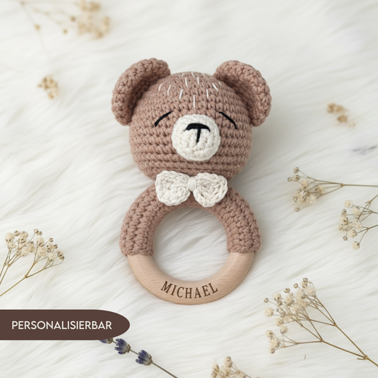 Personalisierte Baby | Rassel Baby Greifling mit Name | Brauner Bär