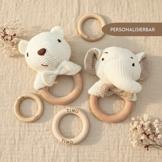Personalisierte Baby | Rassel Baby Greifling mit Name | Bär oder Elefant