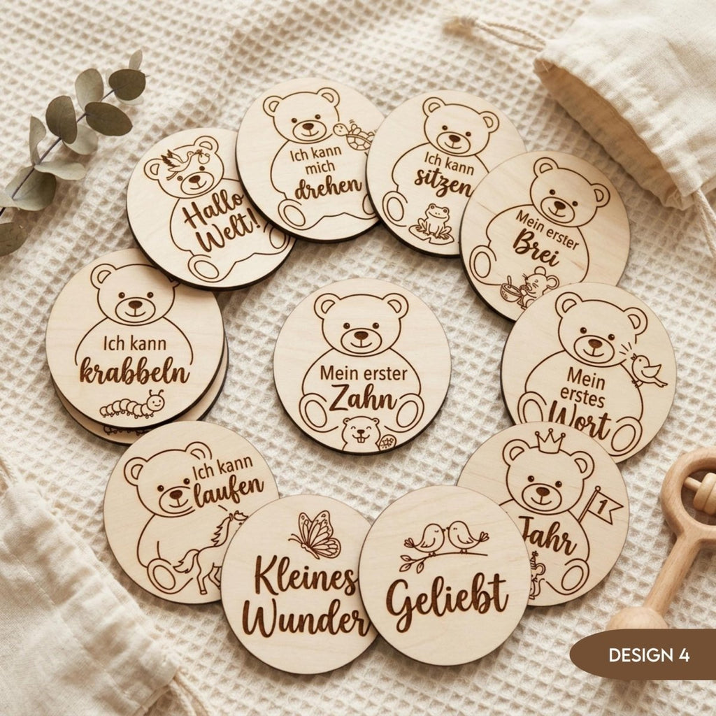 Baby Meilensteine aus Holz personalisiert | Waldtiere & Bär - LaserArt Germany