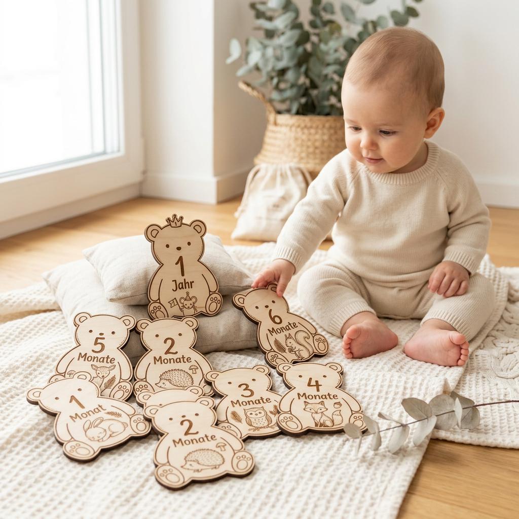 Baby Meilensteine aus Holz Waldtiere Bär personalisiert – Verpackung geöffnet