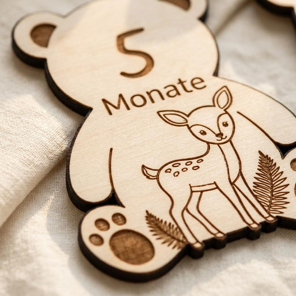 Baby Meilensteine aus Holz Waldtiere Bär personalisiert – Draufsicht auf mehrere Karten