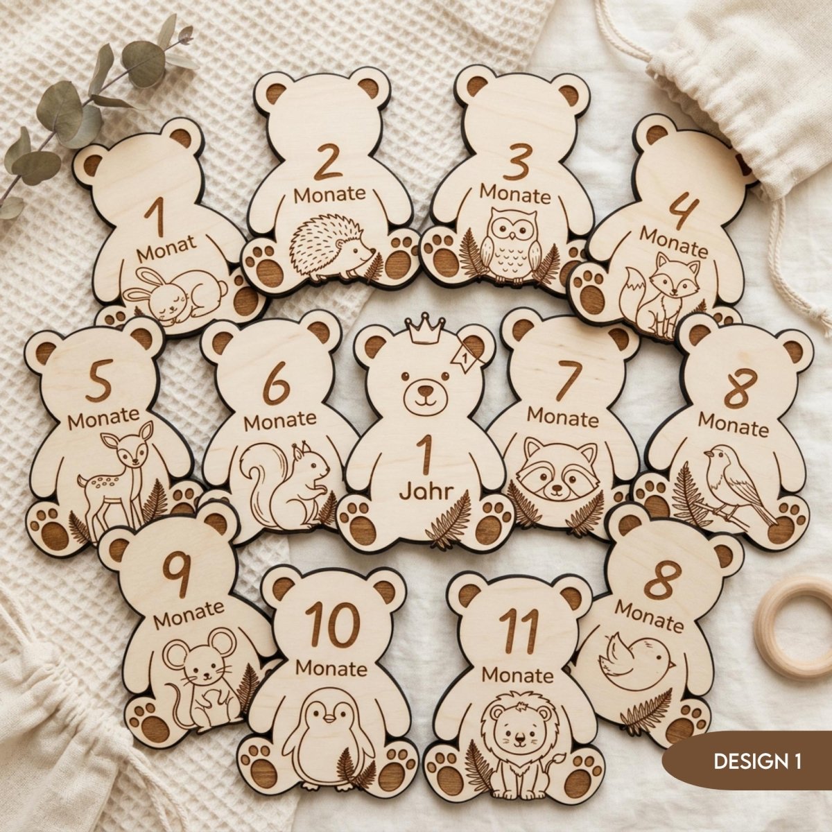 Baby Meilensteine aus Holz personalisiert | Waldtiere & Bär - LaserArt Germany
