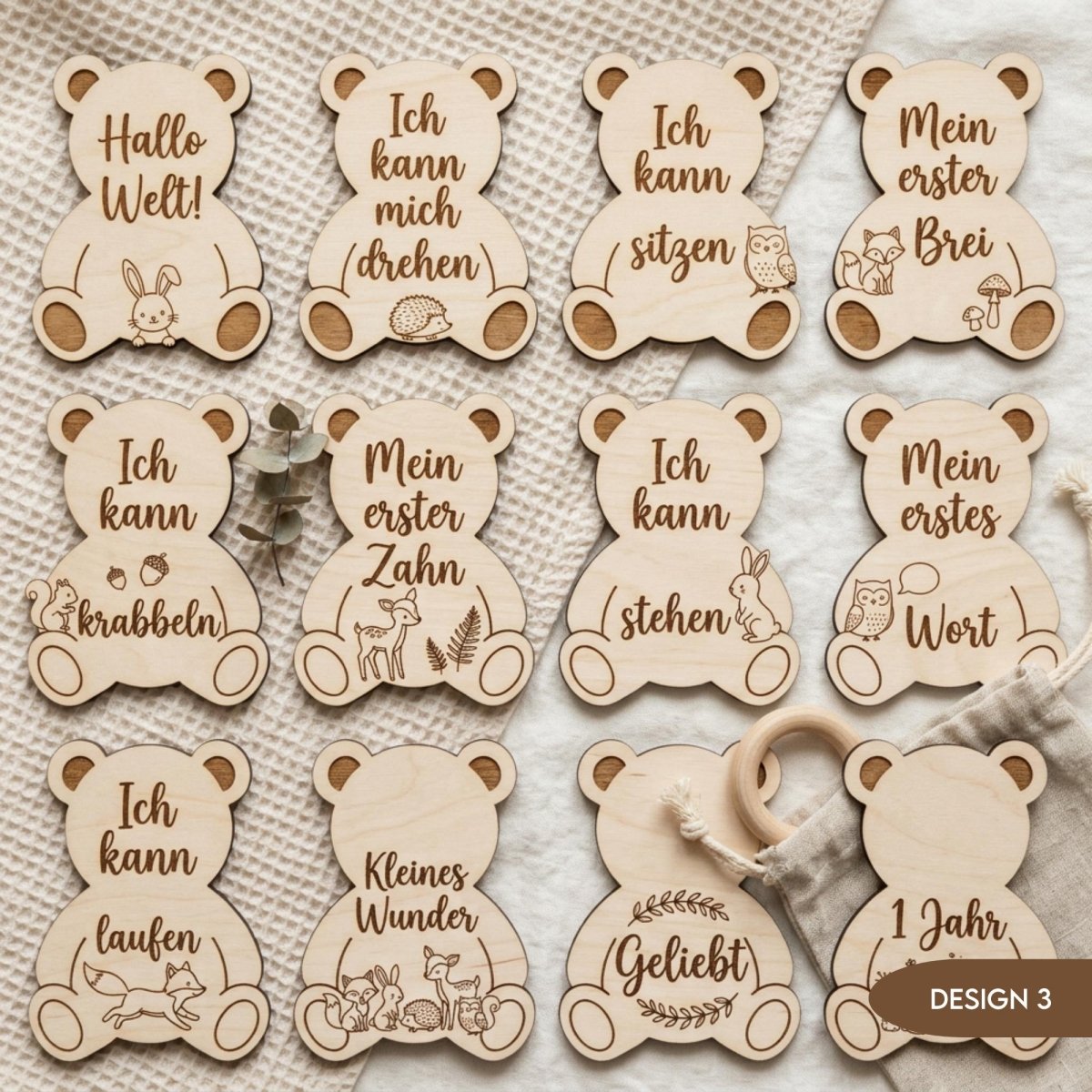Baby Meilensteine aus Holz Waldtiere Bär personalisiert – Rückseite der Karten