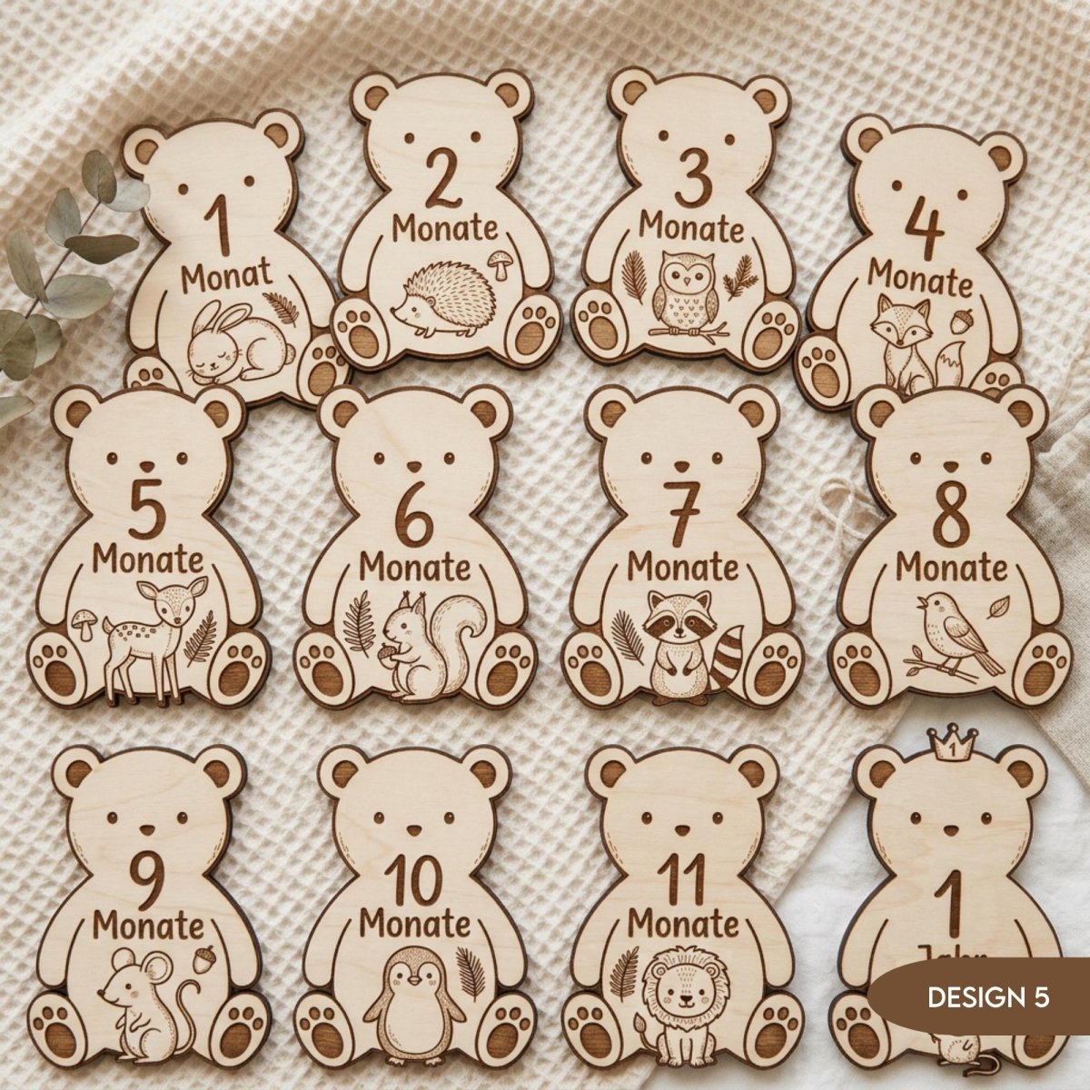 Baby Meilensteine aus Holz personalisiert | Waldtiere & Bär - LaserArt Germany