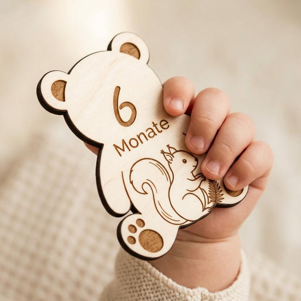 Baby Meilensteine aus Holz Waldtiere Bär personalisiert – Gesamtansicht des Kartensets