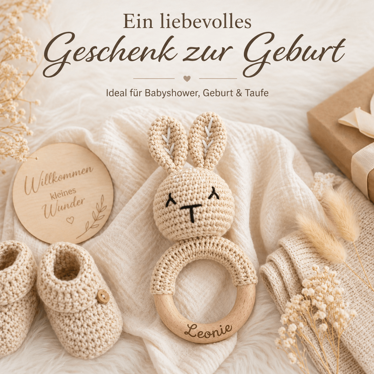 Baby-Rassel Hase Modern personalisiert – Frontalansicht mit graviertem Namen
