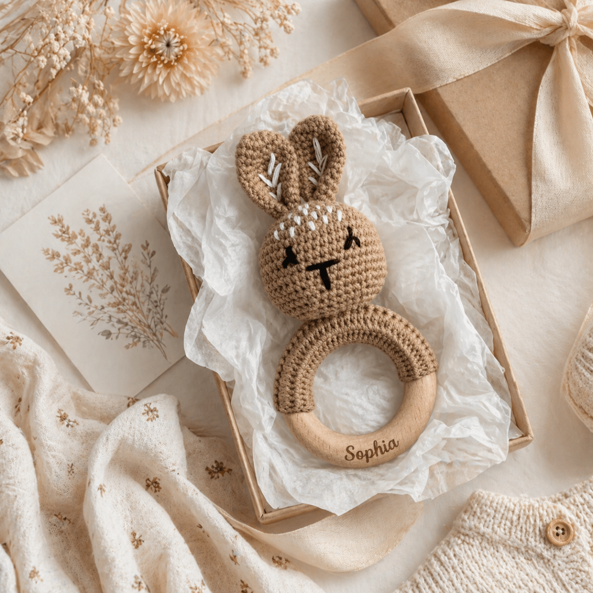 Baby-Rassel Hase Modern personalisiert – Detailaufnahme der Namensgravur
