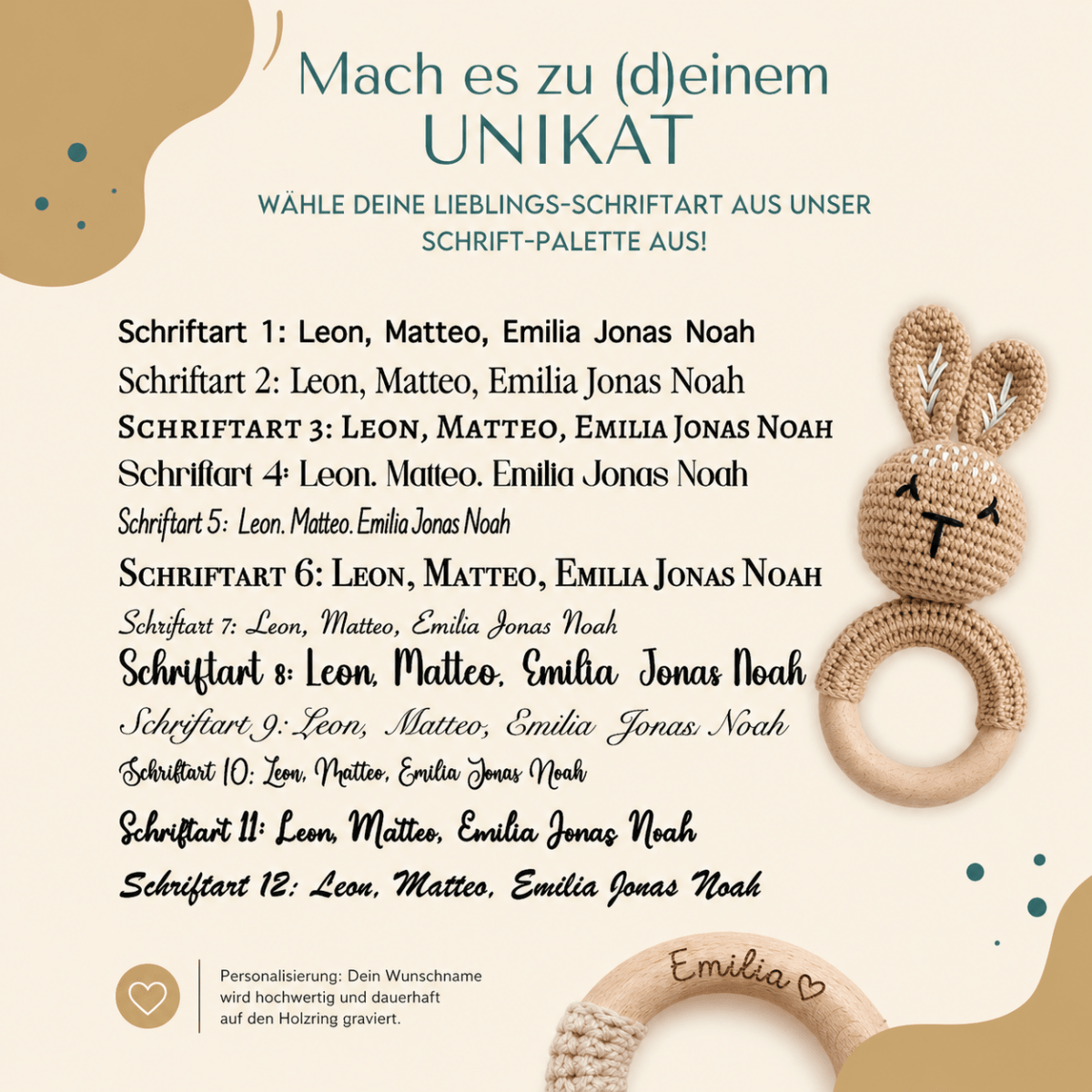 Baby-Rassel Hase Modern personalisiert – Materialdetail Häkelgarn und Holz