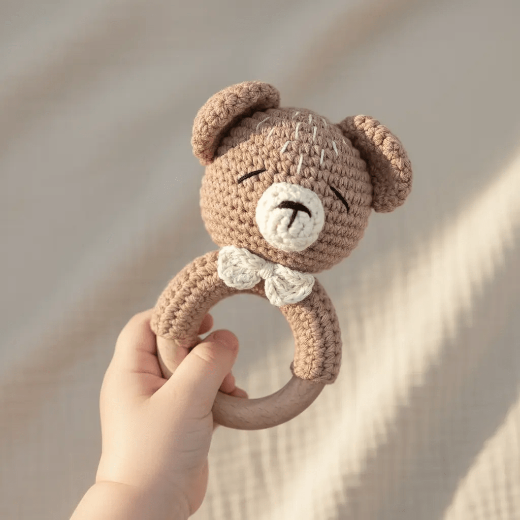 Baby-Rassel Bär personalisiert mit Namen – Größenvergleich in der Hand