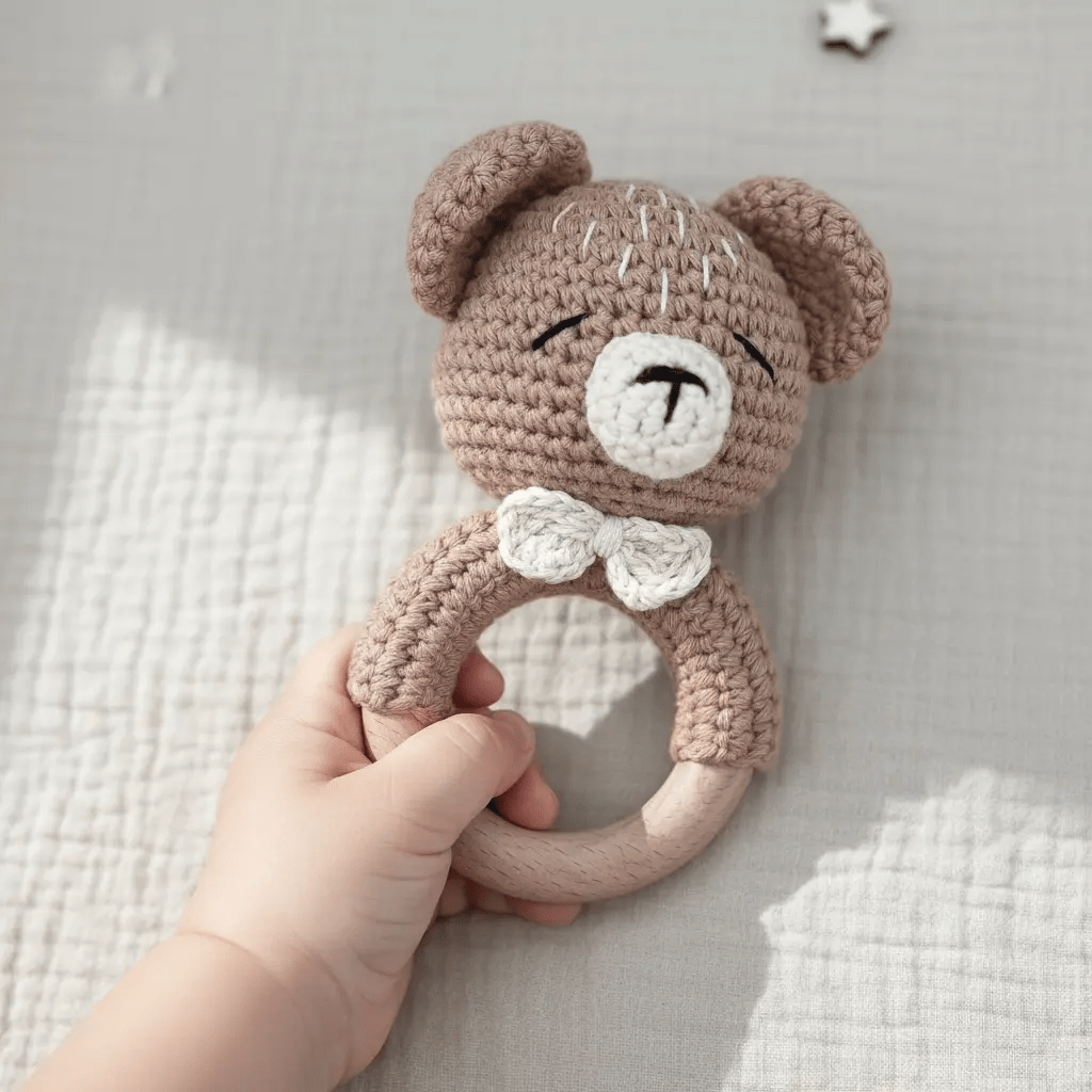 Baby-Rassel Bär personalisiert mit Namen – Frontalansicht mit graviertem Namen