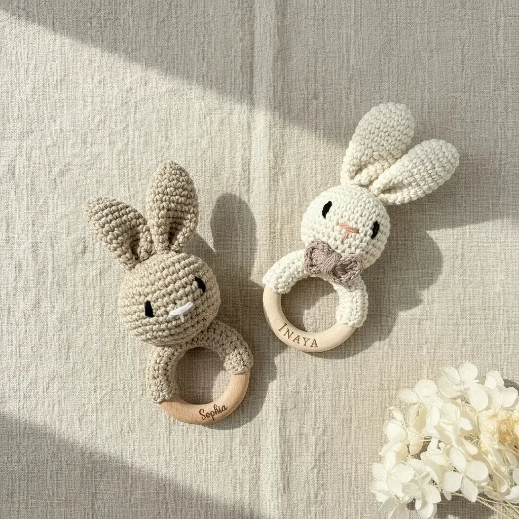 Baby-Rassel Hase personalisiert mit Namen – Nahaufnahme der gehäkelten Ohren