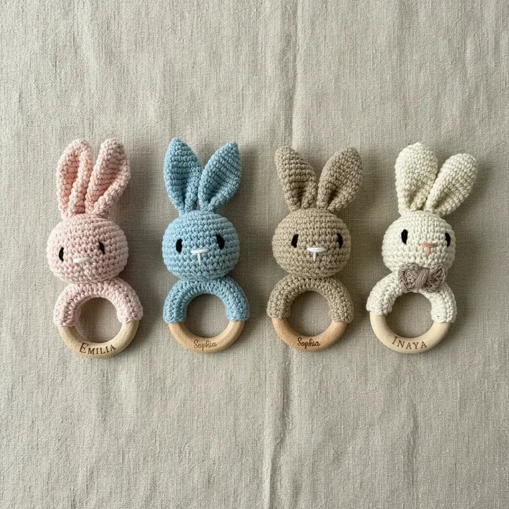 Baby-Rassel Hase personalisiert mit Namen – Frontalansicht mit graviertem Namen