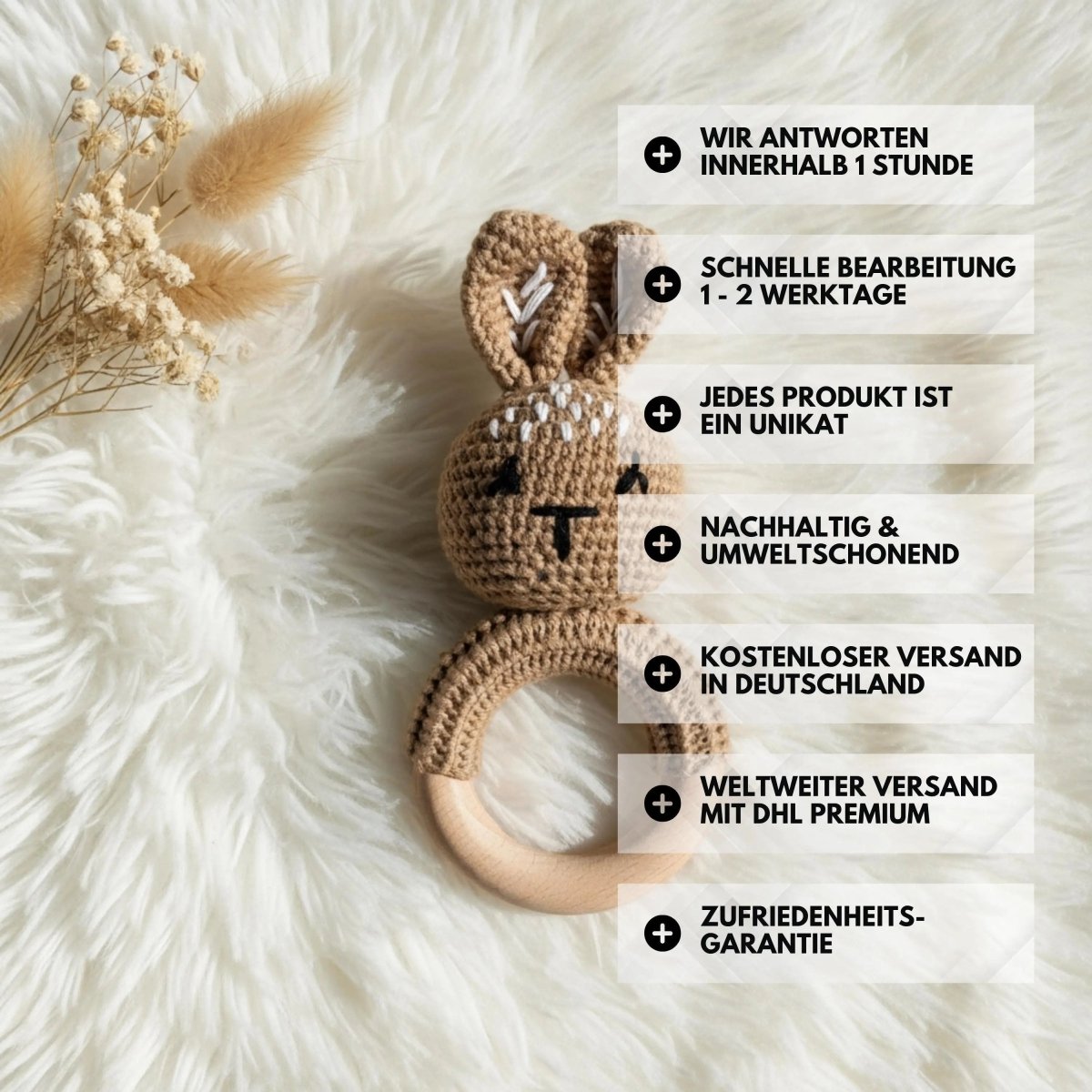 Baby Rassel personalisiert & gehäkelt | Greifling | Hasen modern - LaserArt Germany