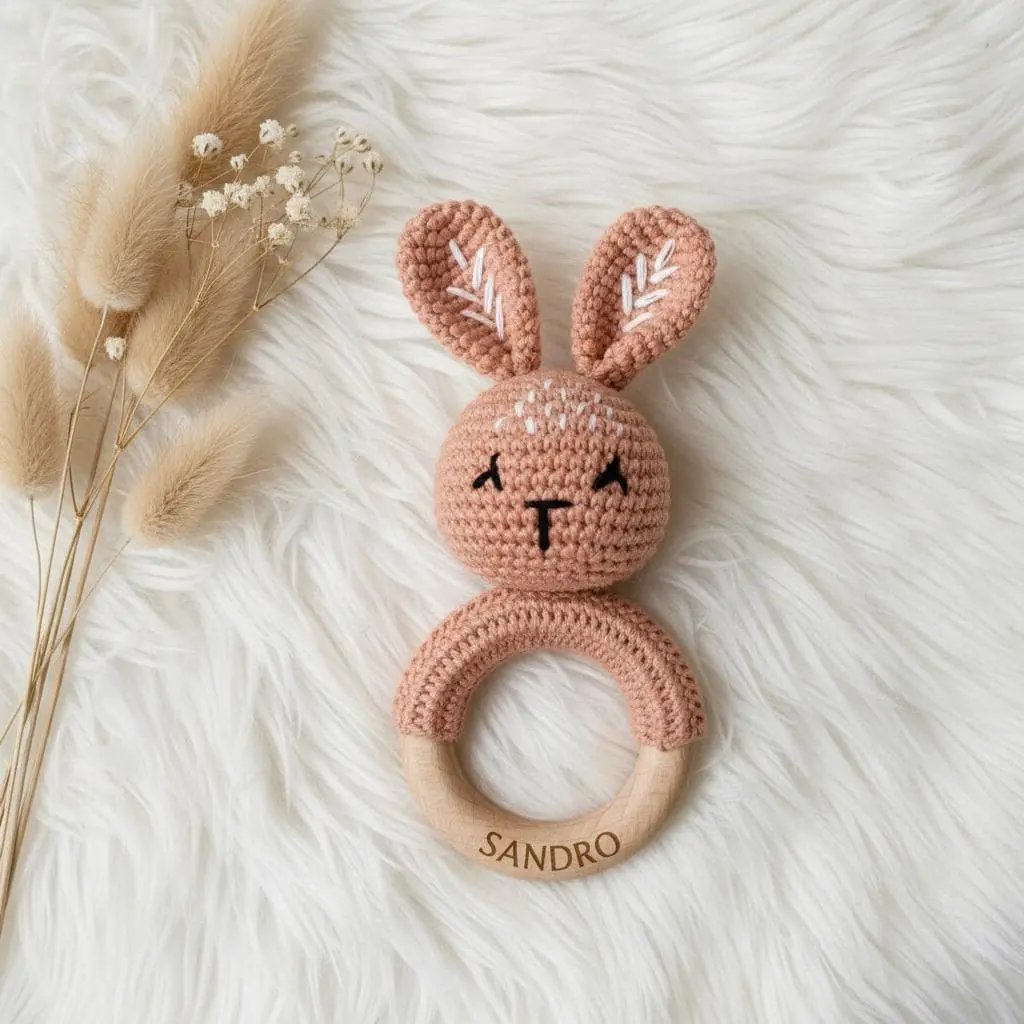 Baby Rassel personalisiert & gehäkelt | Greifling | Hasen modern - LaserArt Germany