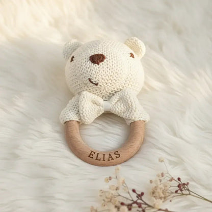 Baby Rassel personalisiert & gehäkelt | Greifling | weisse Tiere - LaserArt Germany