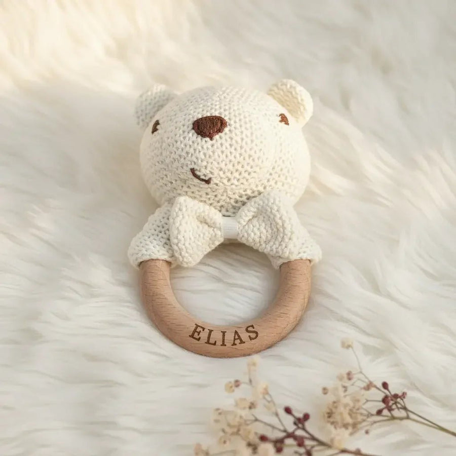 Baby Rassel personalisiert & gehäkelt | Greifling | weisse Tiere - LaserArt Germany