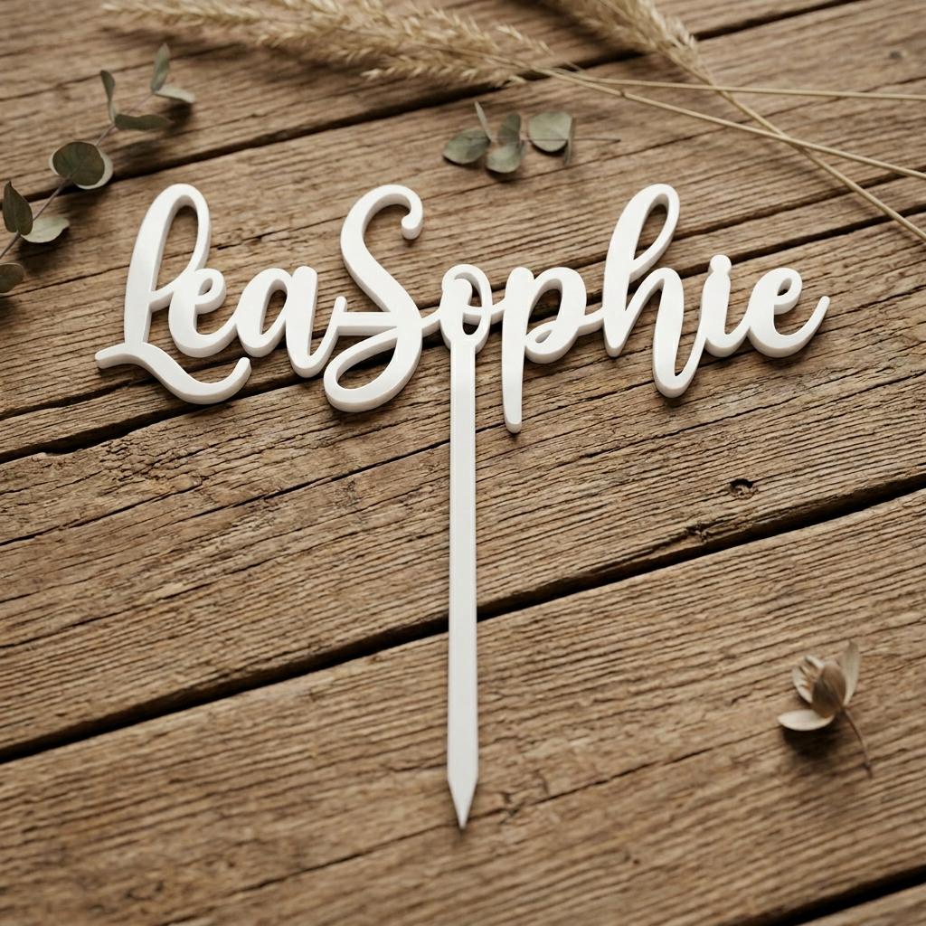 Cake Topper aus Acryl personalisiert – Detailaufnahme des Steckstabs