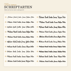 Übersicht der 20 verfügbaren Gravur-Schriftarten bei LaserArt Germany, nummeriert 1 bis 20