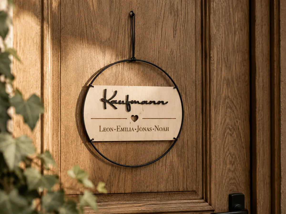 Personalisiertes Familienschild aus Holz im schwarzen Metallring an einer Eichenholz-Haustür