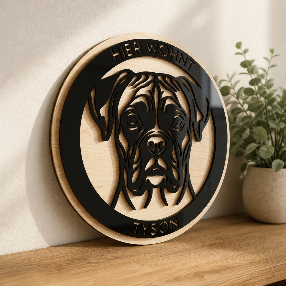 Rundes Hundeschild aus Holz und schwarzem Acryl mit Porträt der Rasse und Name des Hundes