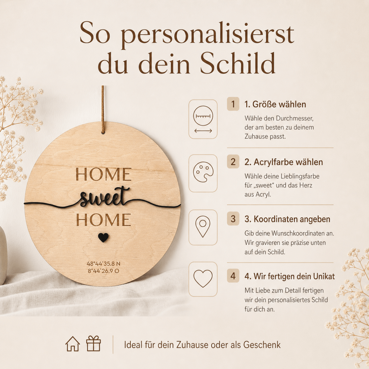 Einzugsgeschenk Koordinaten aus Holz und Acryl | personalisiert - LaserArt Germany