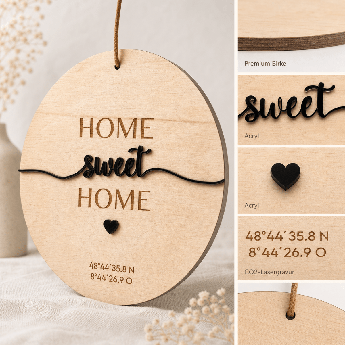 Einzugsgeschenk Koordinaten aus Holz und Acryl | personalisiert - LaserArt Germany