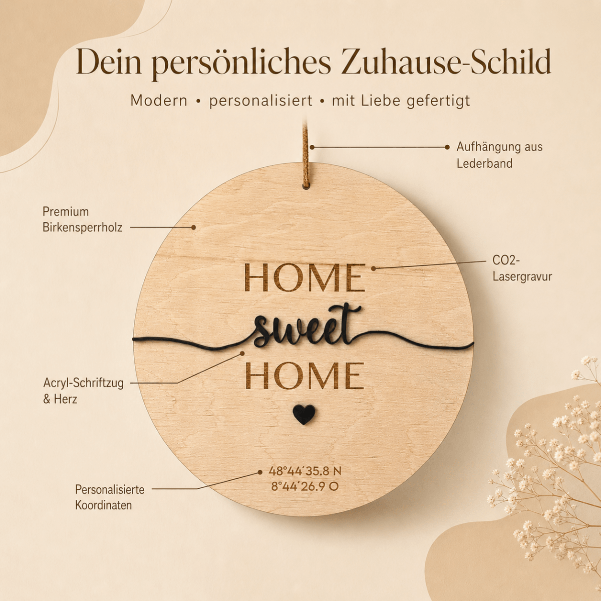 Einzugsgeschenk Koordinaten aus Holz und Acryl | personalisiert - LaserArt Germany