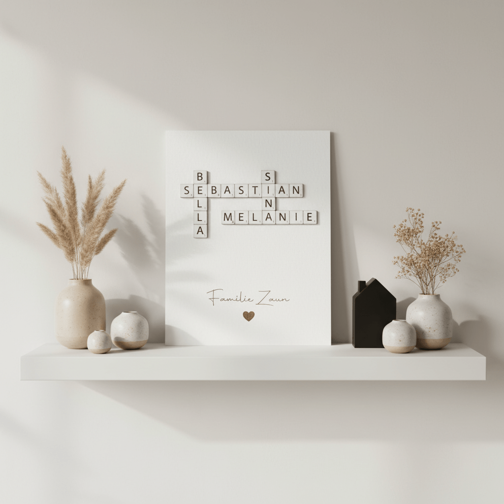 Scrabble Geschenk Familie aus Holz personalisiert – Steine mit Familiennamen ausgelegt