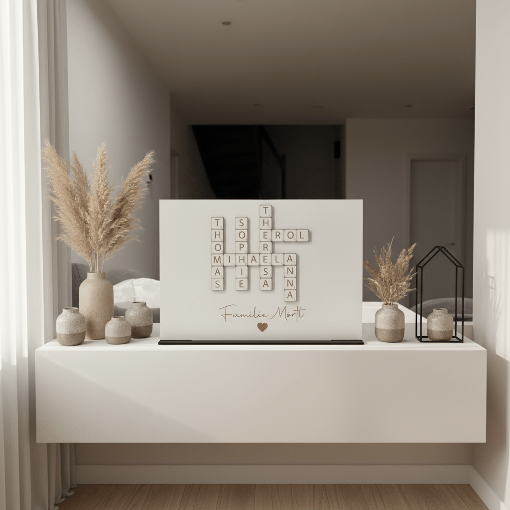 Familien-Scrabble aus Holz – Steine mit Familiennamen ausgelegt