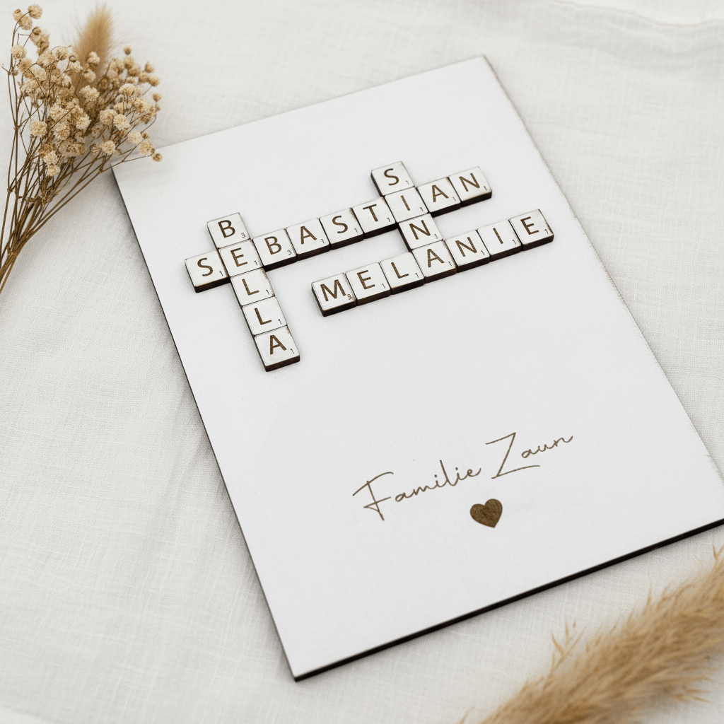 Scrabble Geschenk Familie aus Holz personalisiert – Detailaufnahme der gravierten Buchstaben