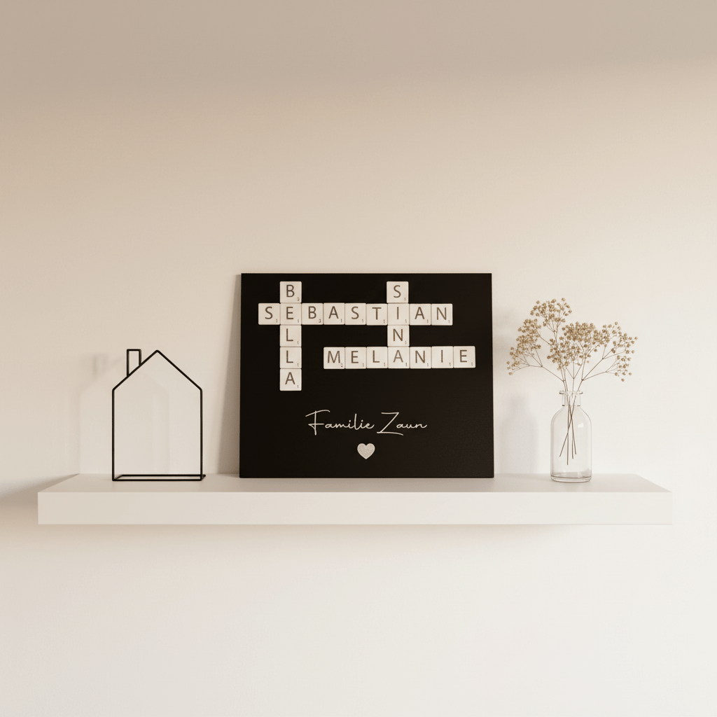 Familien-Scrabble aus Holz – Detailaufnahme der gravierten Buchstaben